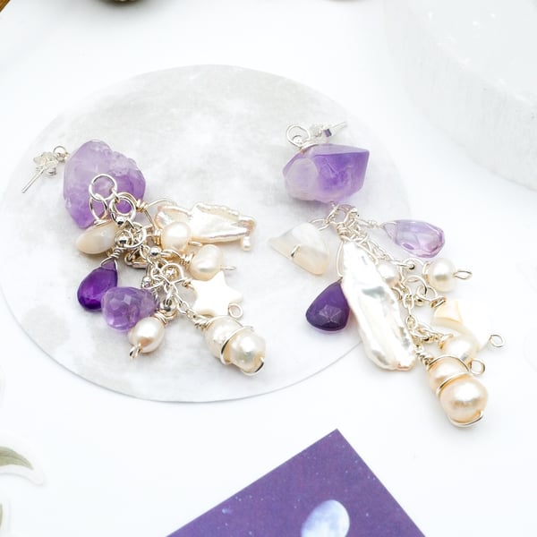 Lavender Amethyst Gemstone Earrings - Pink & Purple Amethyst Pearl Dangles 