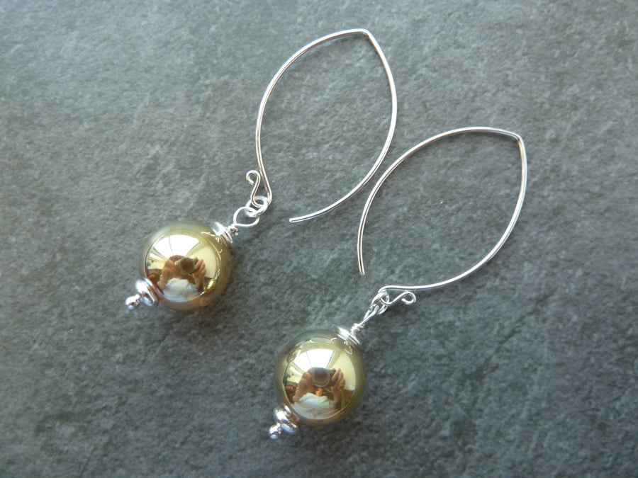 sterling silver earrings, gold lampwork glass 