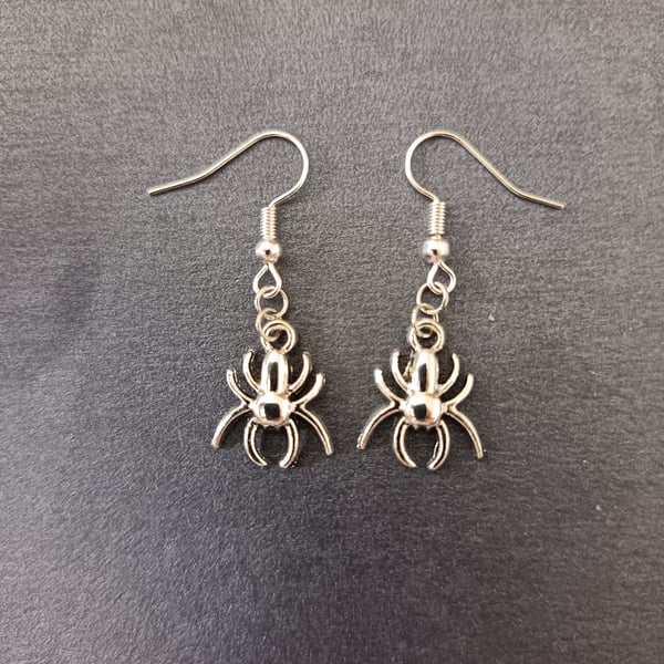 Handmade small silver spider charm dangle earrings 