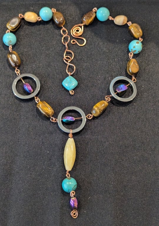 Chalk Turquoise, Tigers Eye & Hematite Non-tarnish Copper Necklace