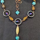 Chalk Turquoise, Tigers Eye & Hematite Non-tarnish Copper Necklace