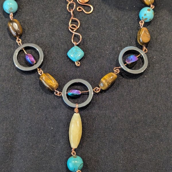 Chalk Turquoise, Tigers Eye & Hematite Non-tarnish Copper Necklace