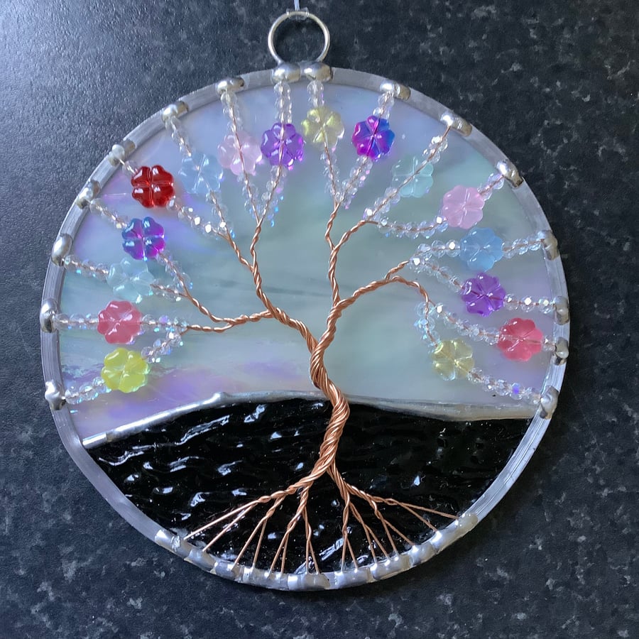 Pressed glass flower tree of life suncatcher