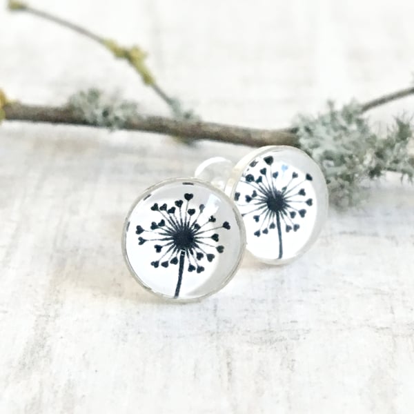Sterling Silver Love Heart Dandelion Stud Earrings - Flower Seed Earrings