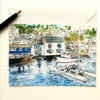 Blank greetings card Polperro harbour Cornwall from original watercolour size A5
