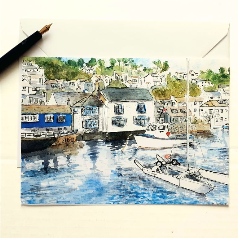 Blank greetings card Polperro harbour Cornwall from original watercolour size A5
