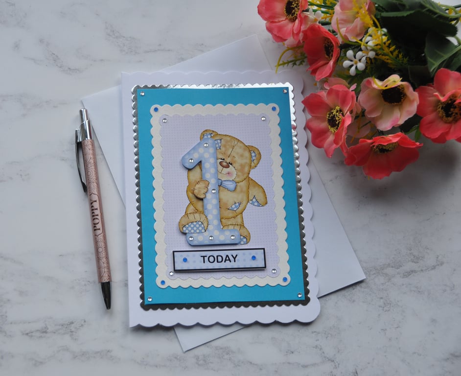 Birthday Card 1 Today Boy Teddy Bear Blue White Polka Dots 3D Luxury Handmade