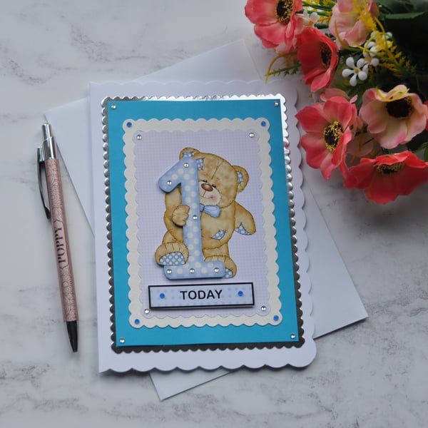 Birthday Card 1 Today Boy Teddy Bear Blue White Polka Dots 3D Luxury Handmade