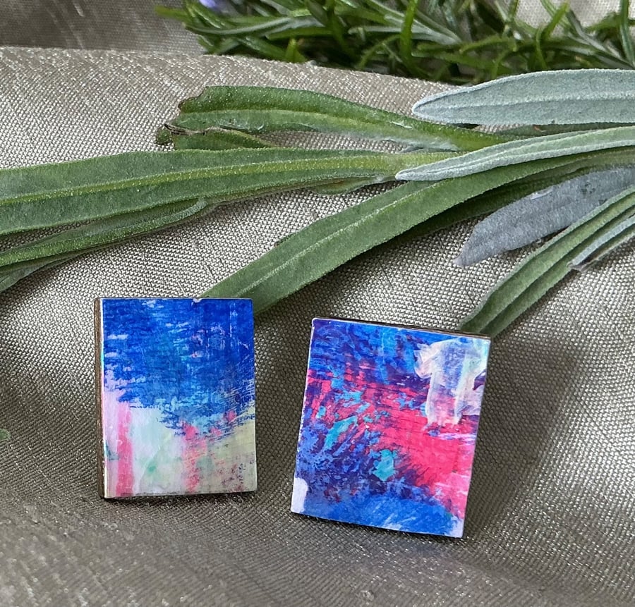 Hot Pink & Blue, Stainless Steel Post Earrings.
