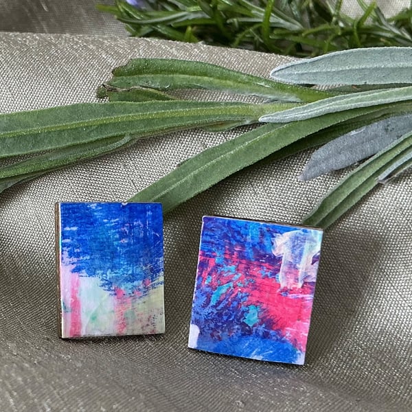 Hot Pink & Blue, Stainless Steel Post Earrings.