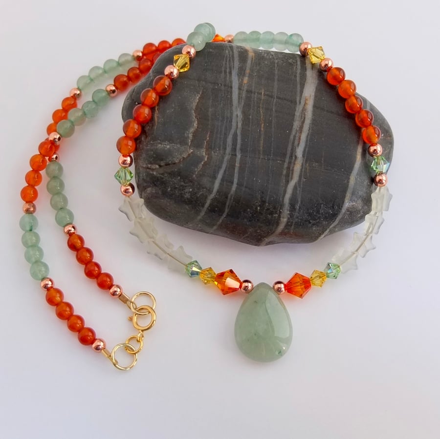 Aventurine Pendant, Jade Stars, Swarovski Crystals, Carnelian & Aventurine Beads