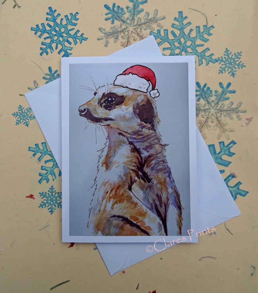 Christmas Meerkat Art Card from Watercolour Painting