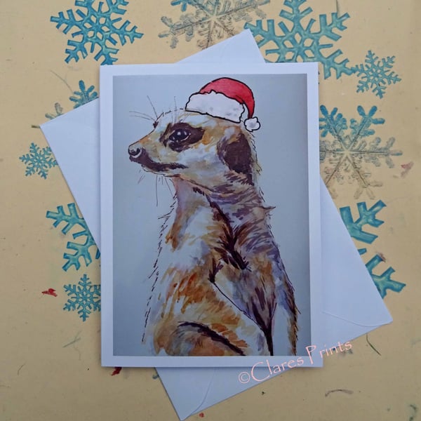 Christmas Meerkat Art Card from Watercolour Painting