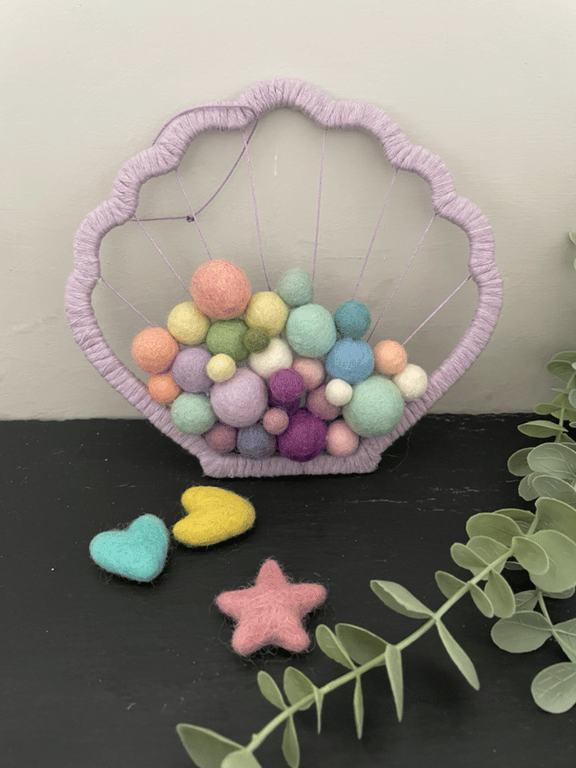 Pretty Nursery fibre wall art hanging clam shell marino ball filled shape 