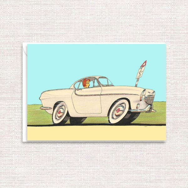 Sixties Car Greetings Card - Hand Drawn Retro Artwork