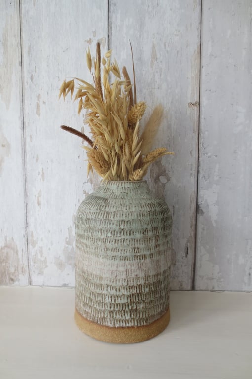 BOTTLE VASE hand-built stoneware pottery carved bottle in white and sea green
