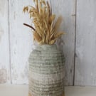 BOTTLE VASE hand-built stoneware pottery carved bottle in white and sea green