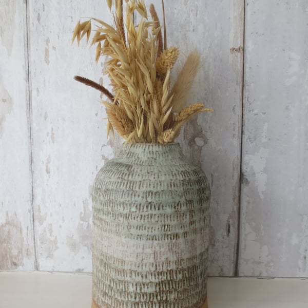 BOTTLE VASE hand-built stoneware pottery carved bottle in white and sea green