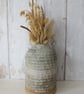 BOTTLE VASE hand-built stoneware pottery carved bottle in white and sea green