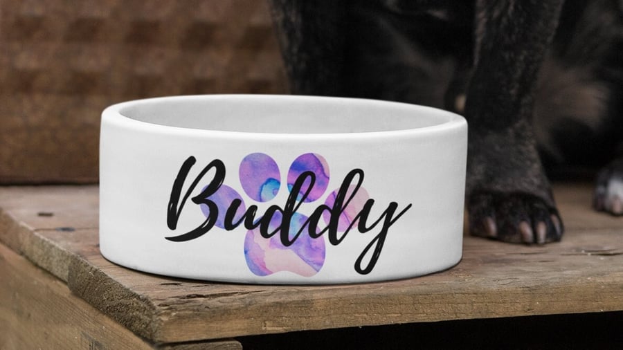 Personalised Name Pet Bowls Pet Paw Water Colour Variations Small Large Custom 