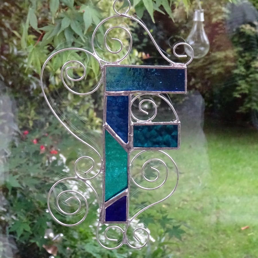 Stained Glass Letter F Suncatcher - Blue
