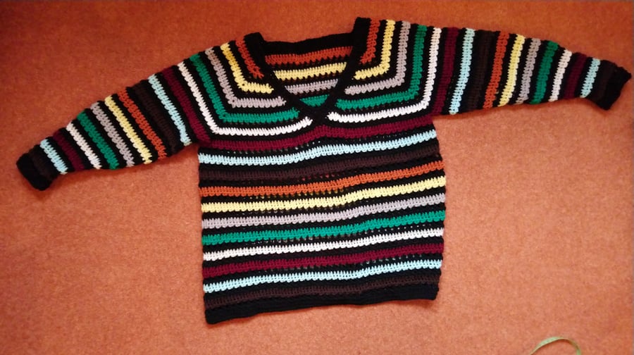 Ladies crocheted multicoloured V neck jumper. Size 12 to 14.
