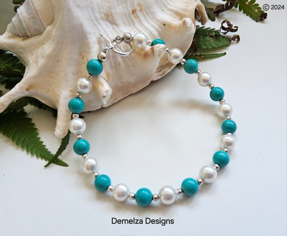 Turquoise & Shell Pearl Silver Plate Bracelet (Reconstituted)