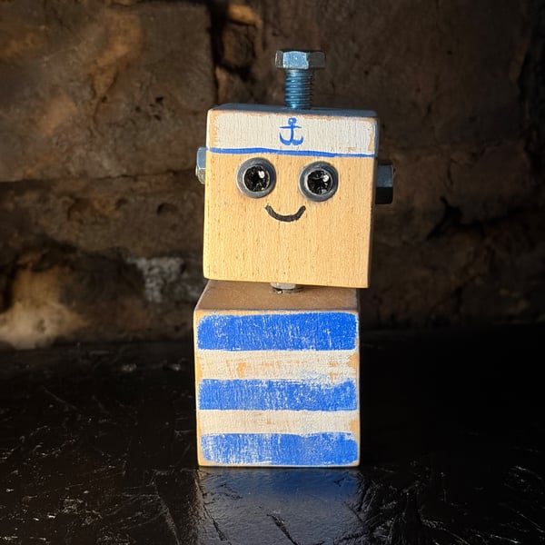 Sailor Sam Block Bot - Handmade Wooden Robot Sculpture