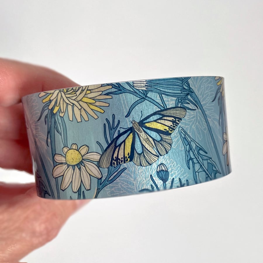 Butterfly wide cuff bracelet, blue metal jewellery bangle with wildflowers (196)