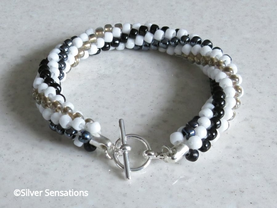 Black, White & Gold Long Stripe Kumihimo Seed Beads Fashion Bracelet