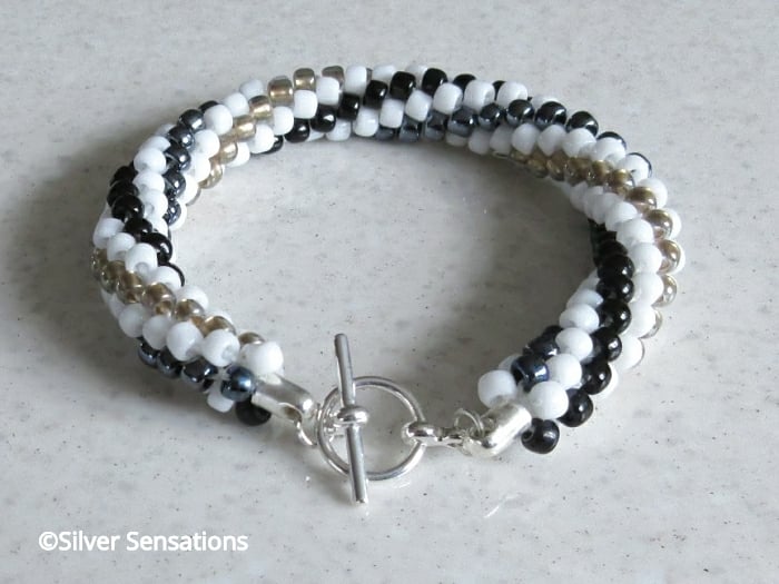 Black, White & Gold Long Stripe Kumihimo Seed Beads Fashion Bracelet