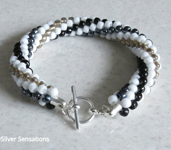 Black, White & Gold Stripe Kumihimo Seed Bead Fashion Bracelet