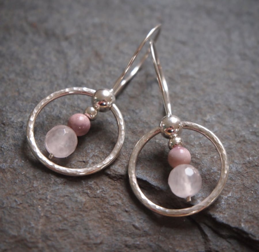 hoop earrings, silver hoop earrings with rose quartz