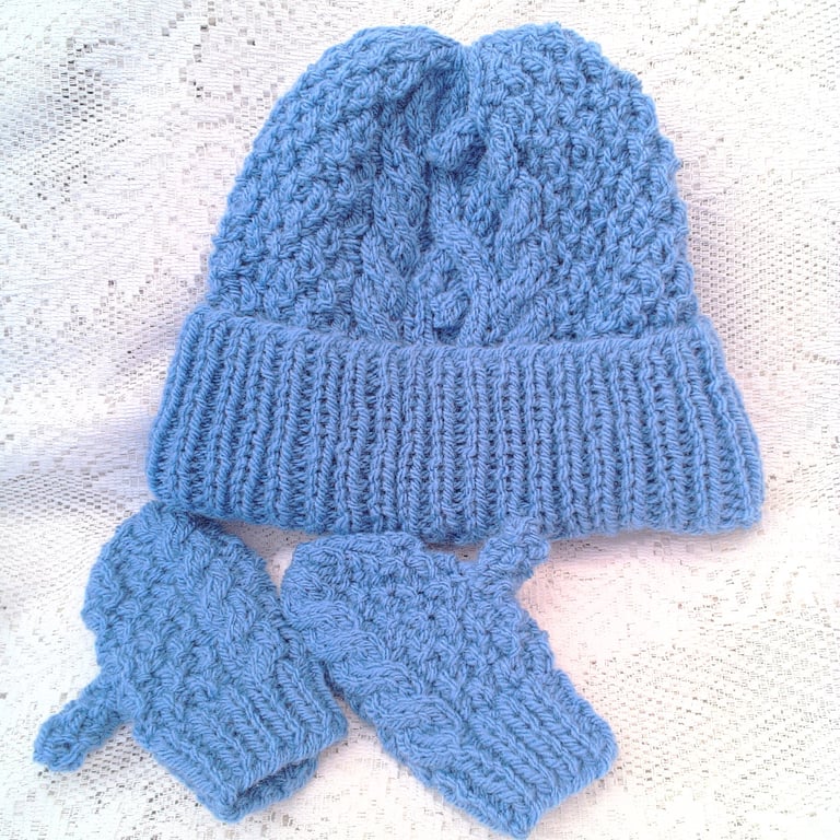 Baby's Hand Knitted Blue Hat and Mittens, Baby Shower, Custom Make, Hat Set