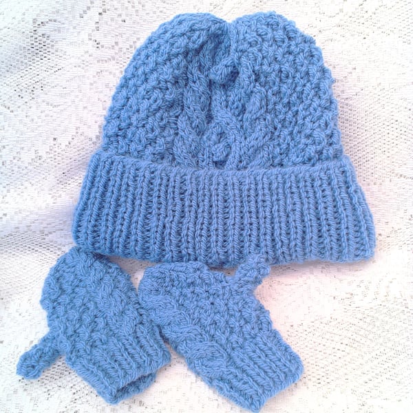 Baby's Hand Knitted Blue Hat and Mittens, Baby Shower, Custom Make, Hat Set