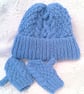 Baby's Hand Knitted Blue Hat and Mittens, Baby Shower, Custom Make, Hat Set - Image 1