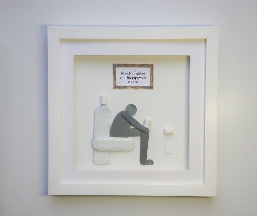 Pebble Art Man on the Toilet, Bathroom Wall Art, Downstairs Toilet Art, Humorous