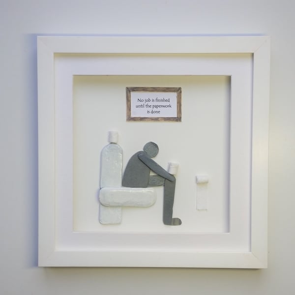 Pebble Art Man on the Toilet, Bathroom Wall Art, Downstairs Toilet Art, Humorous