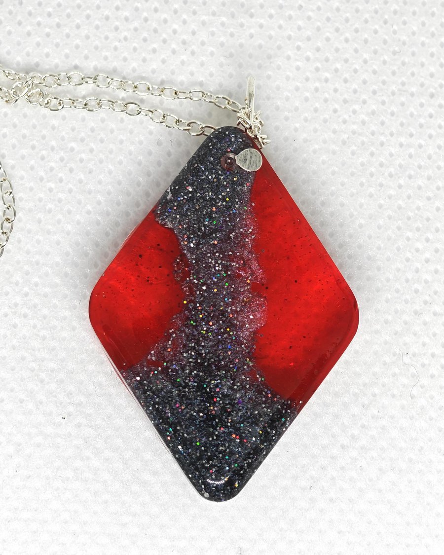 Red Lava Resin Necklace: Double Sided Diamond Pendant, Silver Ash