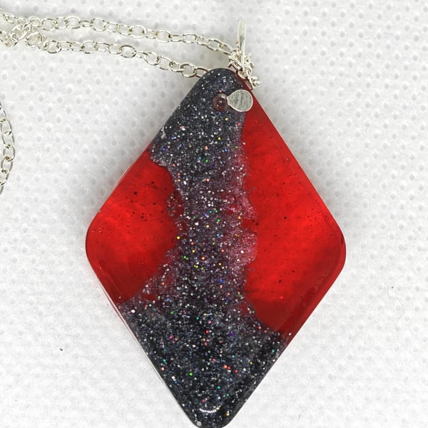 Red Lava Resin Necklace: Double Sided Diamond Pendant, Silver Ash
