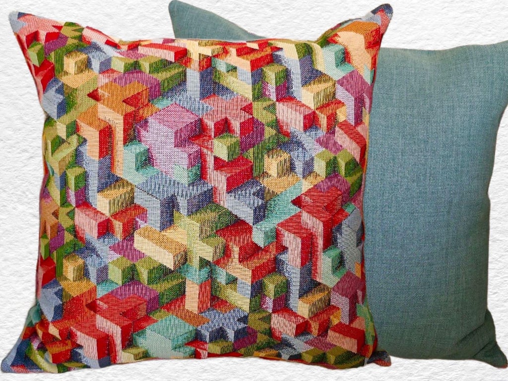 Cushion Cover: Tapestry Blocks design Duck Egg Blue reverse 17”(43cm)