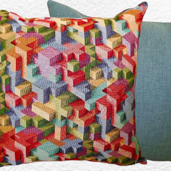 Scatter Cushion: Tapestry Blocks design Duck Egg Blue reverse 17”(43cm)