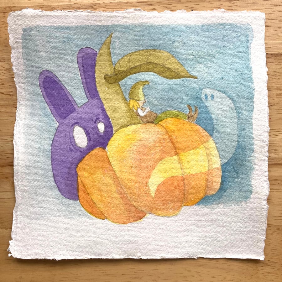 Spooky Nap, Pumpkin, watercolour paper, 20cm x 20cm original art.