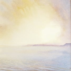 Watercolour sunset coastal painting atmospheric coast seaside scene sun down 