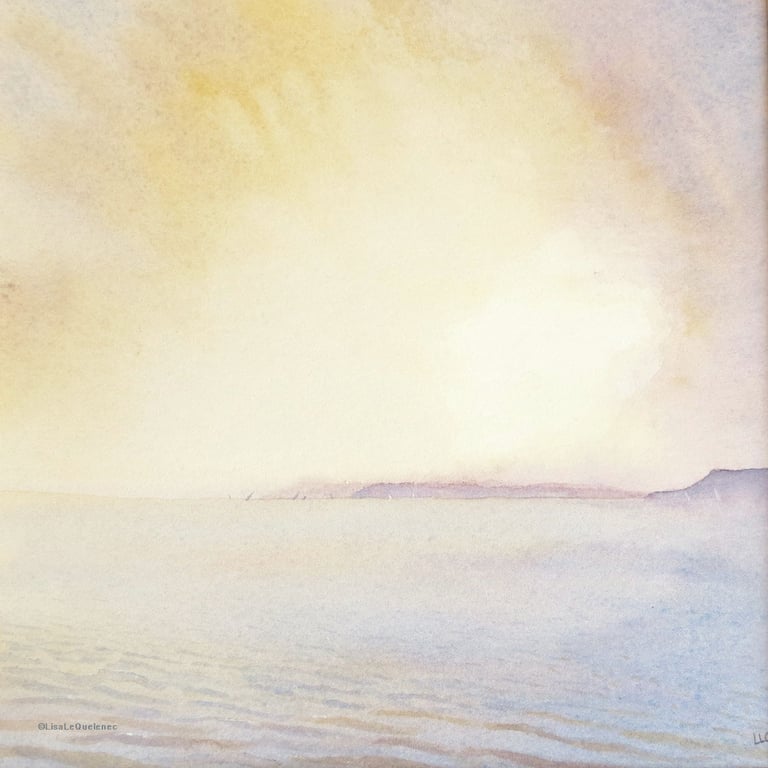 Watercolour sunset coastal painting atmospheric coast seaside scene sun down 