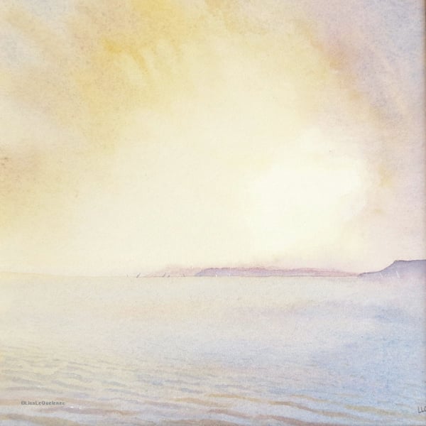Watercolour sunset coastal painting atmospheric coast seaside scene sun down 