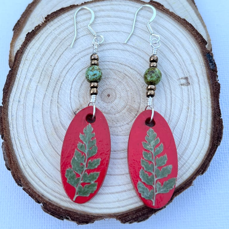 Real Pressed Fern Sliver Plated Dangle, Wood and Bead Earrings