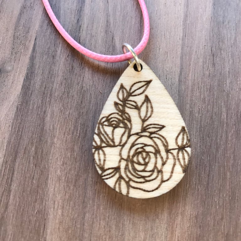 Rose engraved wooden pendant necklace 1
