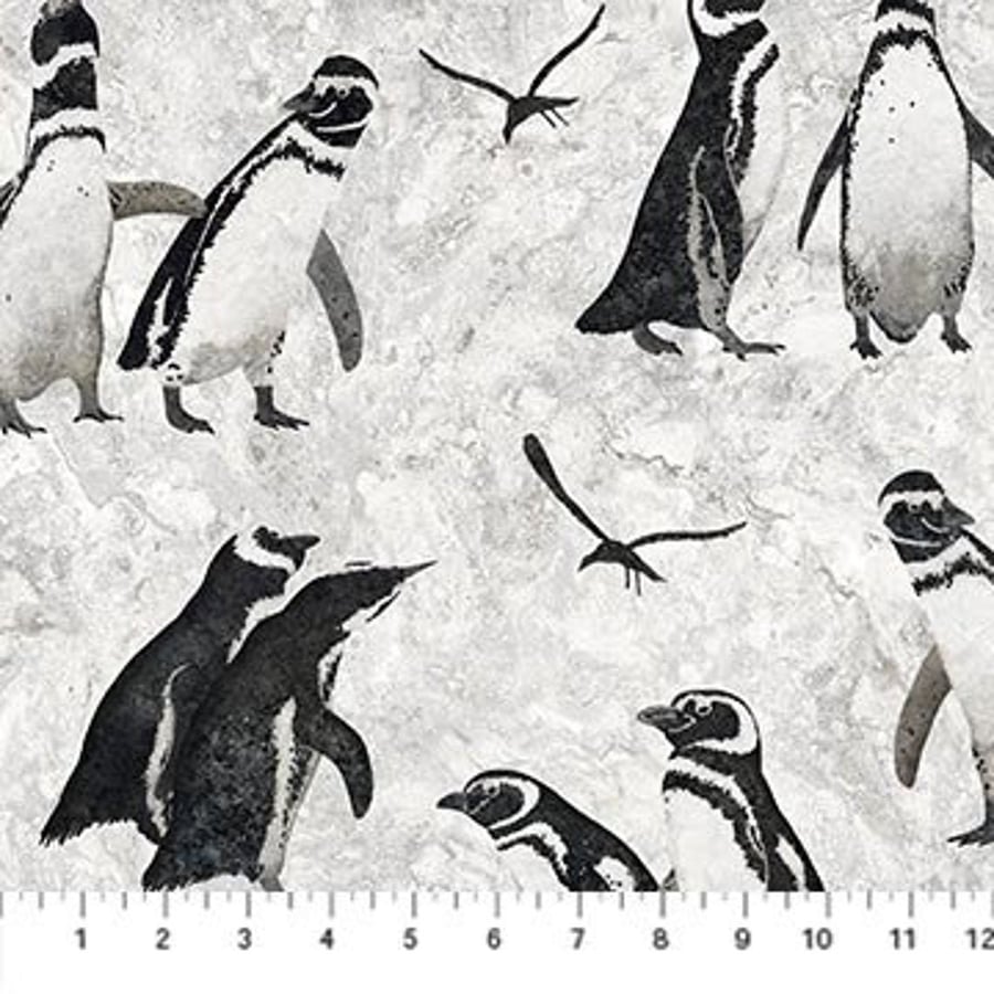 Fat Quarter Stonehenge Magdalena Penguins On Grey 100% Cotton Quilting Fabric