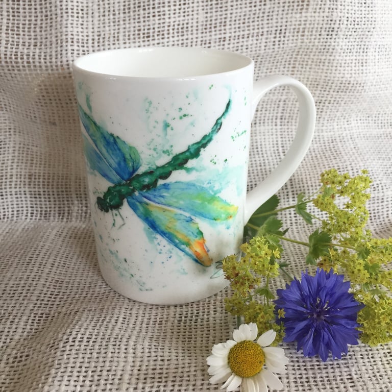 Dragonfly Watercolour Bone China Mug, China Cup, Gift, Wildlife Art Mug by Water